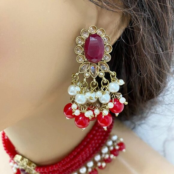 Brand New Indian Wedding Choker Necklace Earrings Red Jewelry Set - Picture 2 of 3